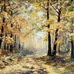 oil painting landscape - autumn forest, full of fallen leaves, colorful picture , abstract drawing, wallpaper; tree; decoration